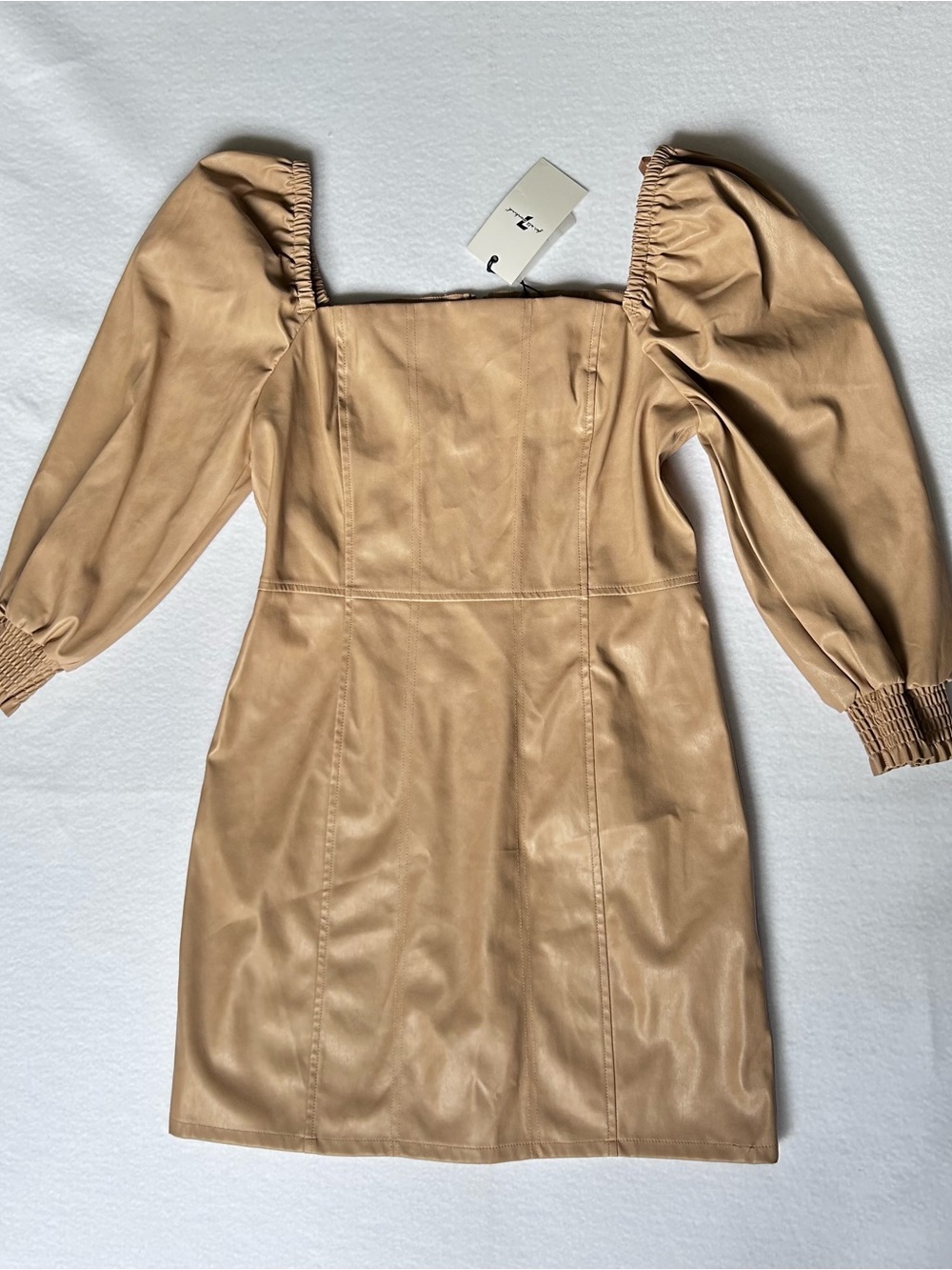 NWT 7 For All Mankind Tan Faux Leather Puff Sleeve Dress L Fall